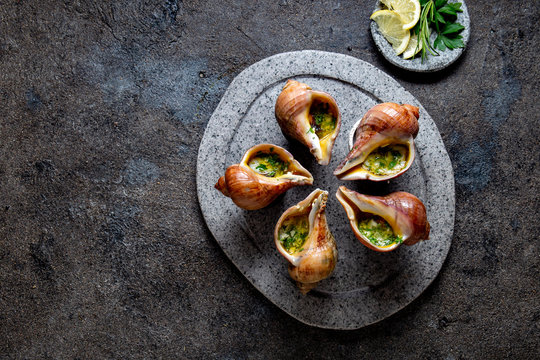 Chilean giant snails with butter, garlic and herbs on gray stone  plate. escargot from pacific ocean