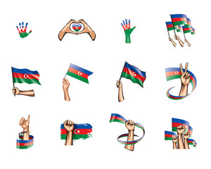 Azerbaijan flag and hand on white background. Vector illustration