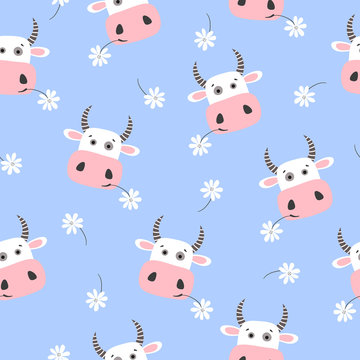 Cute cows seamless pattern. Vector childish background