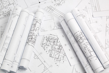 Paper architectural drawings and blueprint. Engineering blueprint