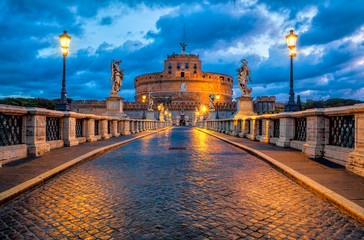 Bridge and Castle Sant Angelo in Rome. Sant Angelo bridge at twilight.