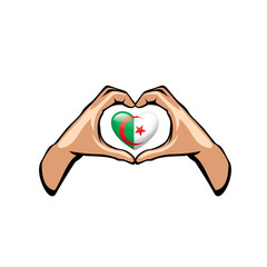Algeria flag and hand on white background. Vector illustration