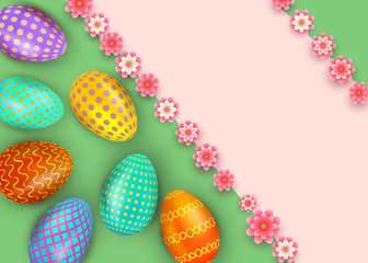 Happy Easter abstract background with realistic colorful eggs. Greeting card template with corner frame from paper cut flowers. Vector illustration
