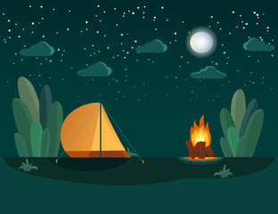 Camping in the forest at night near big fire. Evening scene with tent, campfire, moon and stars on background. Nature landscape. Flat design style.