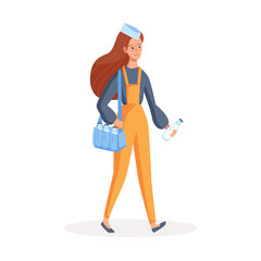 Milkgirl in uniform holding bottle of milk and bag. Concept of delivery courier distributing milk. Vector illustration