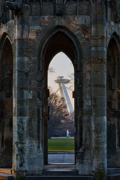 UFO Tower Framed by a Gothic Arch in Janko Kral Park, Bratislava, Slovakia