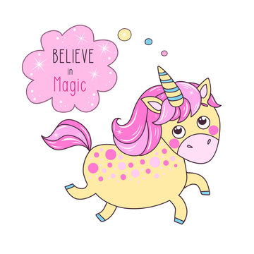 Cute Magic Yellow Unicorn Say Believe In Magic