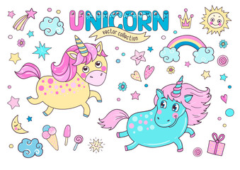 Cute magic collection with two unicorns, rainbow, clouds