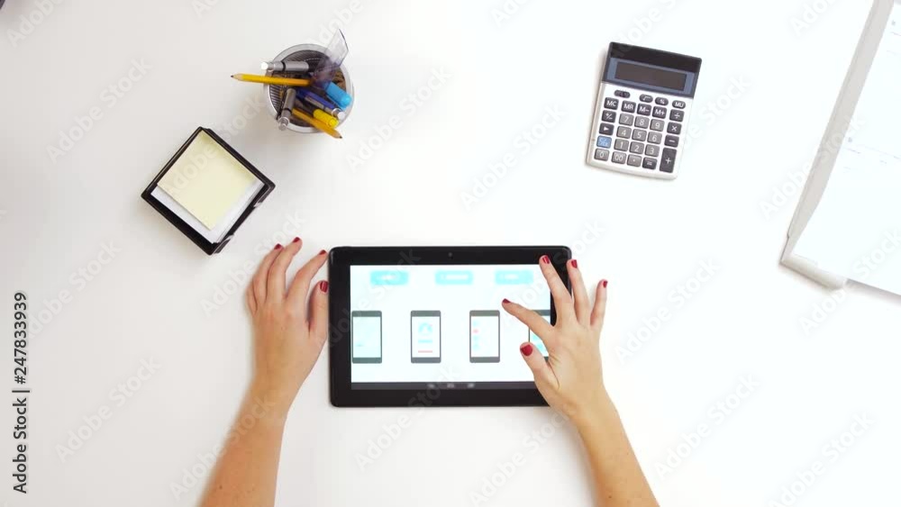 Wall mural technology, interface design and people concept - hands of creative woman or developer with ui templ