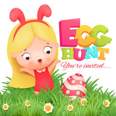 Obraz na płótnie Canvas Little girl in pink bunny costume. Easter egg hunt invitation card.