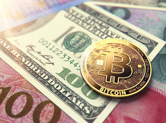 Bitcoin coin on Chinese Yuan bills. Stable situation of Bitcoin in China concept. 3D rendering