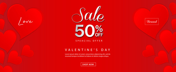 Valentine's day sale banner vector template, Valentines Heart sale tags, web banner design, Discount card,  promotion, flyer layout, ad, advertisement, printing media