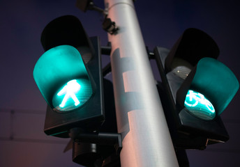 Green traffic lights, signals - pedestrian crossing. Consent, allowence sign.