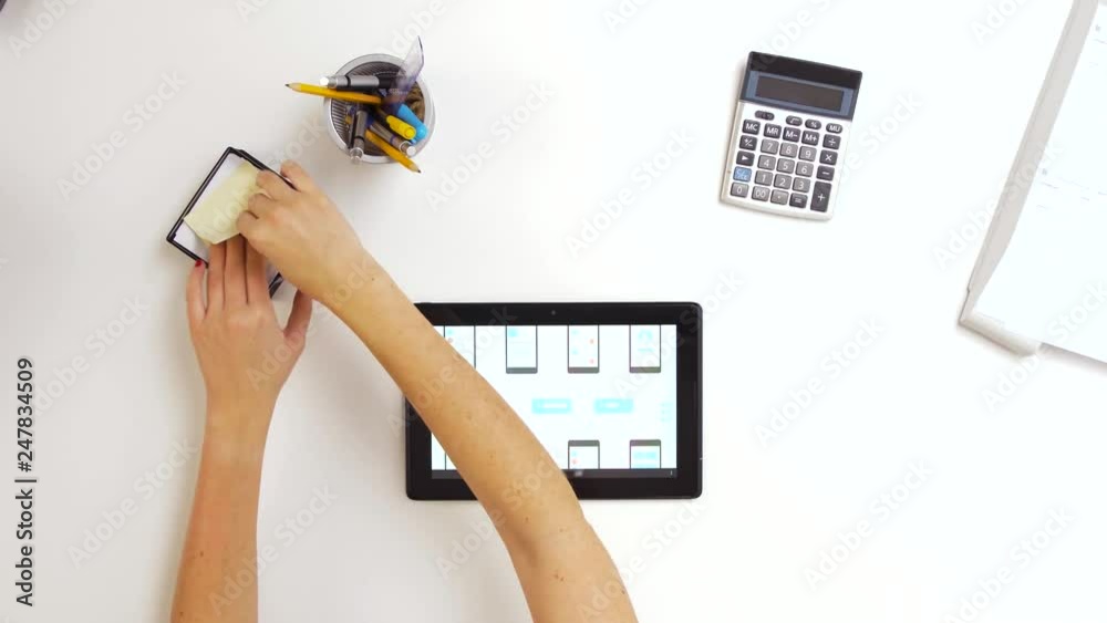 Wall mural technology, interface design and people concept - hands of creative woman or developer with ui templ