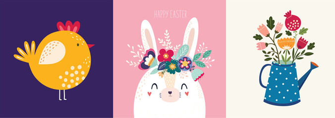 Decorative illustration with bird, bunny, flowers in the watering can © moleskostudio