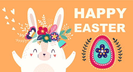 Happy Easter illustration in cartoon style with funny bunny and flowers and birds