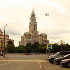 Fototapeta premium Moscow / Russia – Modern skyscraper Triumph Palace on the Sokol - summer day view from Leningradsky Prospekt
