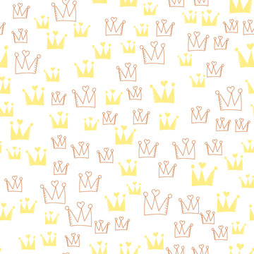 Vintage crown pattern for wallpaper design. Seamless background. Graphic modern holiday decoration element. King, queen, prince abstract geometric logo. Little princess. Vector