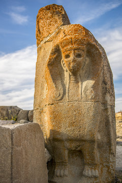 The Lion Gate in the south west of Hattusa at sun rise, also known as Hattusha, is an ancient city located near modern Bogazkale in the Corum Province of Turkey&rsquo;s Black Sea Region.