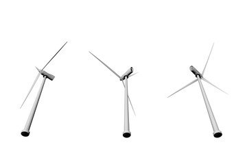 Wind power industrial illustration of 3 wind turbines view from bottom isolated on white background, 3D illustration