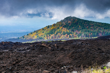 Etna national park panoramic view of volcanic landscape with crater, Sicily