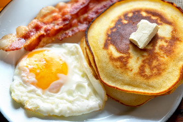 American breakfast with egg, pancake and bacon