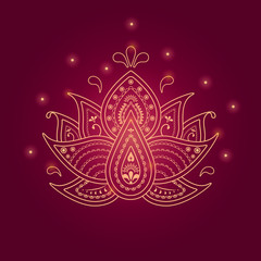 Water lily paisley style. Glowing lights around magic lotus. Perfect for print