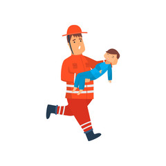 Firefighter Wearing Orange Protective Uniform and Helmet Rescuing Baby from Fire, Cheerful Professional Male Freman Cartoon Character Doing His Job Vector Illustration