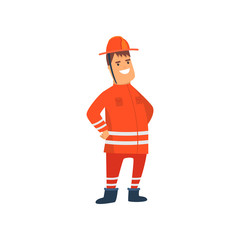 Smiling Firefighter Wearing Orange Protective Uniform and Helmet, Cheerful Professional Male Freman Cartoon Character Doing His Job Vector Illustration