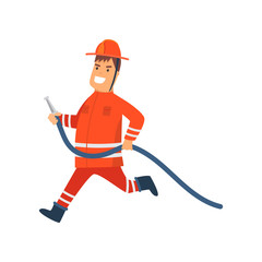 Obraz premium Firefighter Wearing Orange Protective Uniform and Helmet Running with Fire Hose, Cheerful Professional Male Freman Cartoon Character Doing His Job Vector Illustration