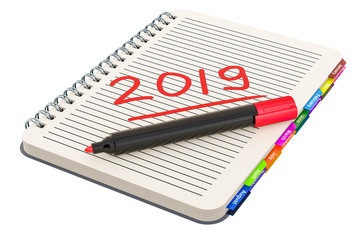 Text 2019 on notebook with marker pen. 3D rendering