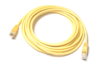Isolated yellow patch cord internet cable on white background