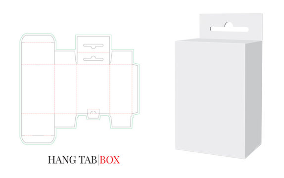 Hang Tab Box Template, Vector with die cut / laser cut layers. Paper Box  with Handle, Packaging Design with 3D presentation. White, clear, blank,  isolated Paper Box mock up on white background.