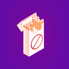 Stop smoking, anti-tobacco cigarette. Pack of cigarettes on a purple background. Vector 3d isometric illustration.