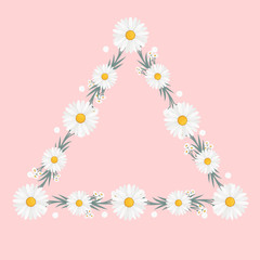 Floral greeting card and invitation template for wedding or birthday anniversary, Vector triangle shape of text box label and frame, Chamomile flowers wreath ivy style with branch and leaves.