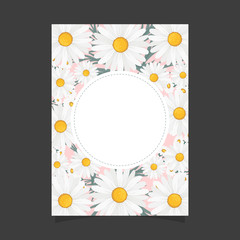 Common size of floral greeting card and invitation template for wedding or birthday anniversary, Vector shape of text box label and frame, Chamomile flowers wreath ivy style with branch and leaves.