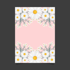 Common size of floral greeting card and invitation template for wedding or birthday anniversary, Vector shape of text box label and frame, Chamomile flowers wreath ivy style with branch and leaves.