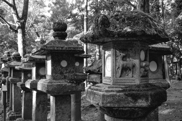 Black and white stone lanterns in the Kasuga shrine in Nara Japan