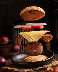 Flying meat Burger with onions and bread