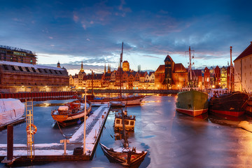 Fototapeta premium Gdansk port in Old town, night winter view