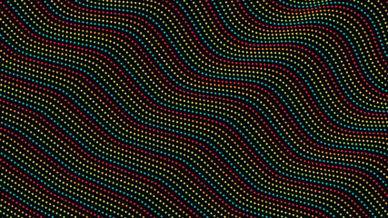 Ripple waves pattern, halftone dot background, texture, abstract light pattern, yellow, green, red dots on black background, vector minimal techno background, screen print texture