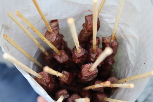 skewers with sheep meat in foil