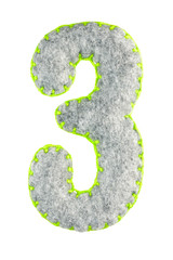 Number 3. Hand made number Three from grey felt isolated on white background. Set of numbers from grey felt toys. Soft font with rounded edges for use in design