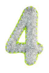 Number 4. Hand made number Four from grey felt isolated on white background. Set of numbers from...