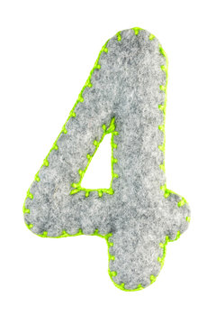 Number 4. Hand made number Four from grey felt isolated on white background. Set of numbers from grey felt toys. Soft font with rounded edges for use in design