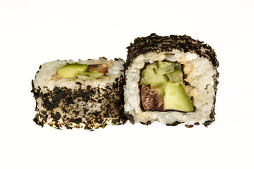 Two pieces of Japanese sushi isolated on a white background