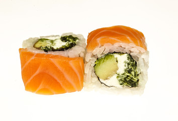 Two pieces of Japanese sushi with salmon isolated on a white background
