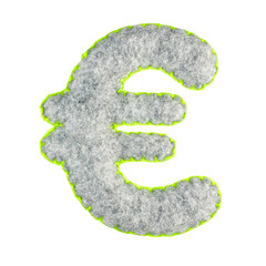 Euro symbol (€) typographic sign from gray felt isolated on a white background. Part of the...