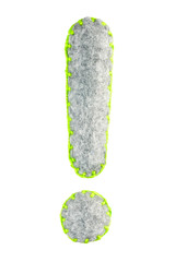 Exclamation mark from gray felt isolated on a white background. Part of the alphabet from grey...