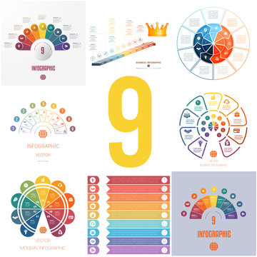 Set 8 universal templates elements for Infographics conceptual cyclic processes for 9 positions